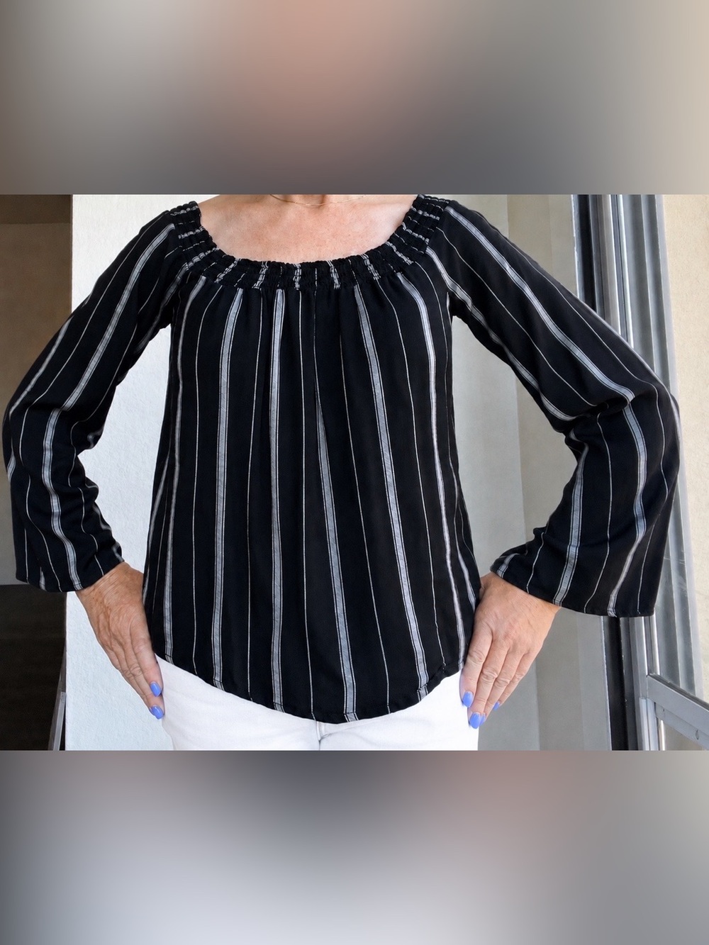 Socialite | B&W Striped | Off-Shoulder Top | Bell Sleeves | 100% Rayon | S | EUC